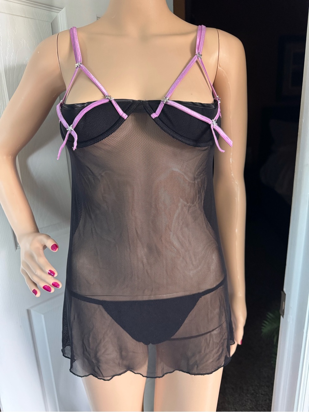Sheer Black Mesh Chemise with Pink Accent Straps